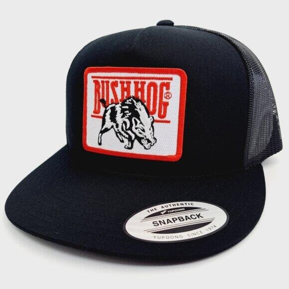 Retro Bush Hog American Machinery Embroidered Patch Flat Bill Trucker Hat Black
